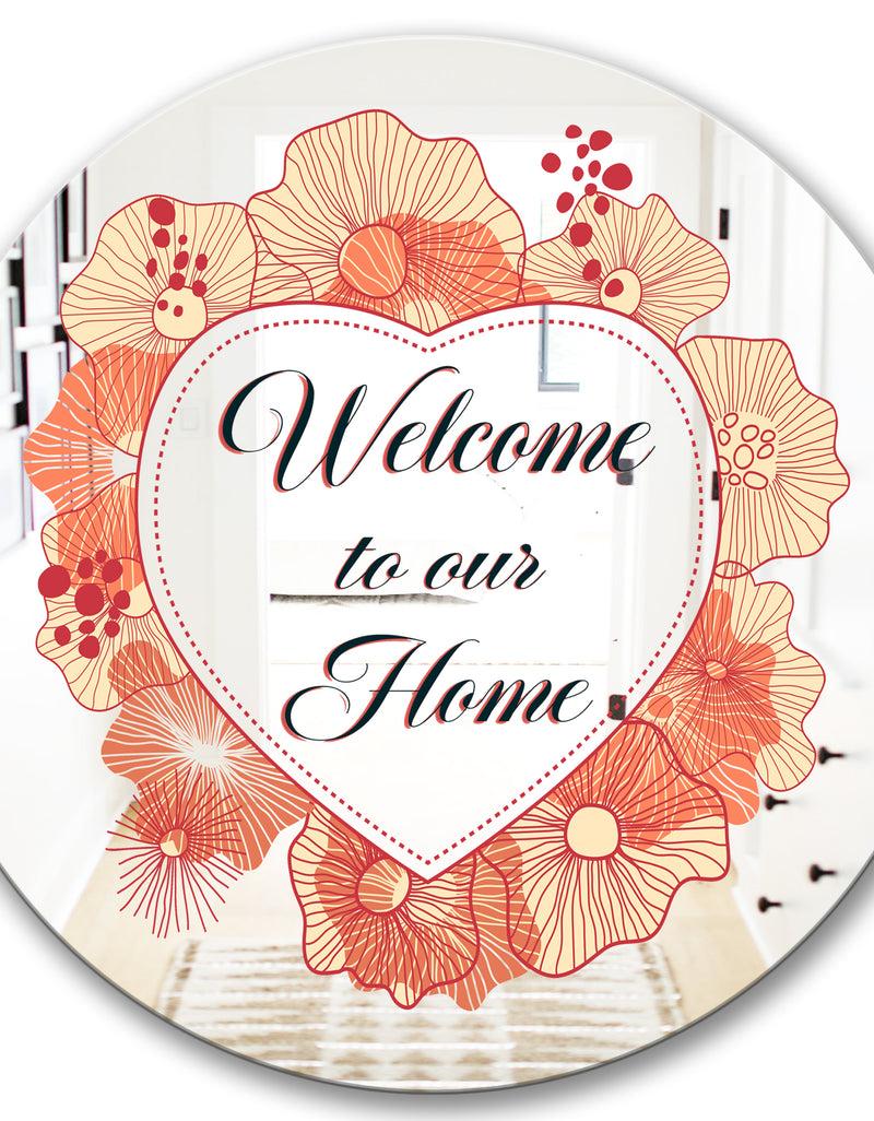 DesignQ Welcome To Our Home. Pink Flower Heart II - Cabin And Lodge Mirror - Round Wall Mirror