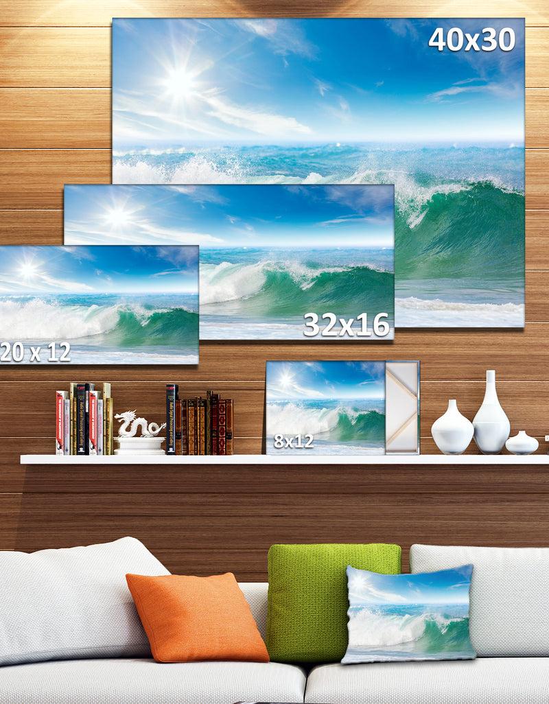 DesignQ White And Blue Waves Under Sun - Seashore Canvas Wall Artwork
