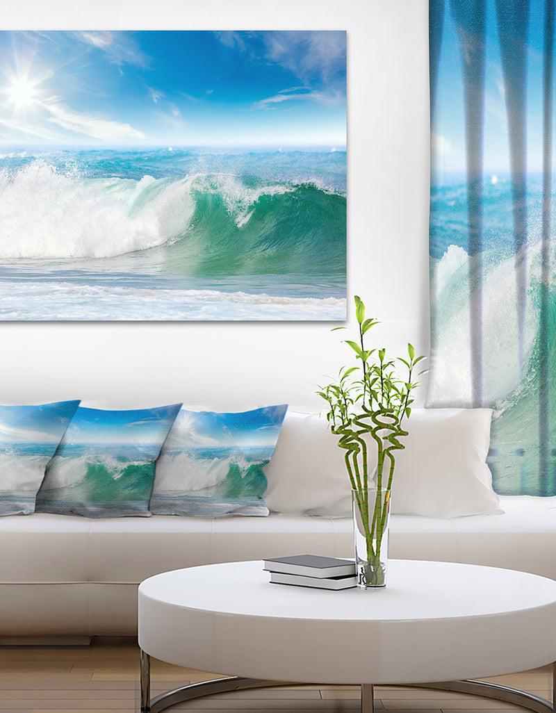 DesignQ White and Blue Waves under Sun - Seashore Canvas Wall Artwork