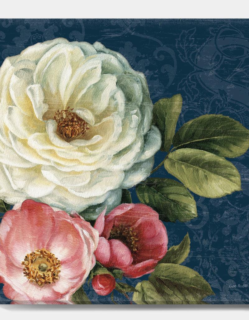 DesignQ White And Pink Damask Rose Flowers - Farmhouse Canvas Art