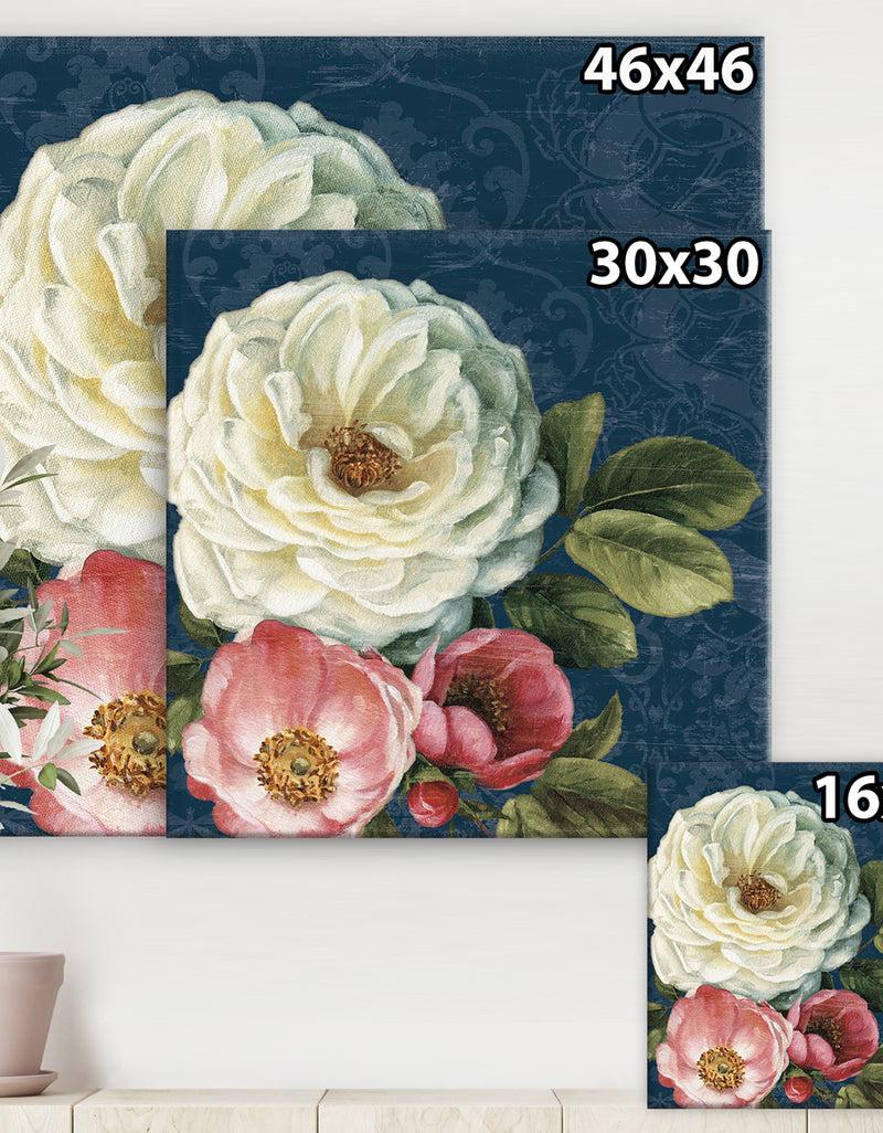 DesignQ White And Pink Damask Rose Flowers - Farmhouse Canvas Art