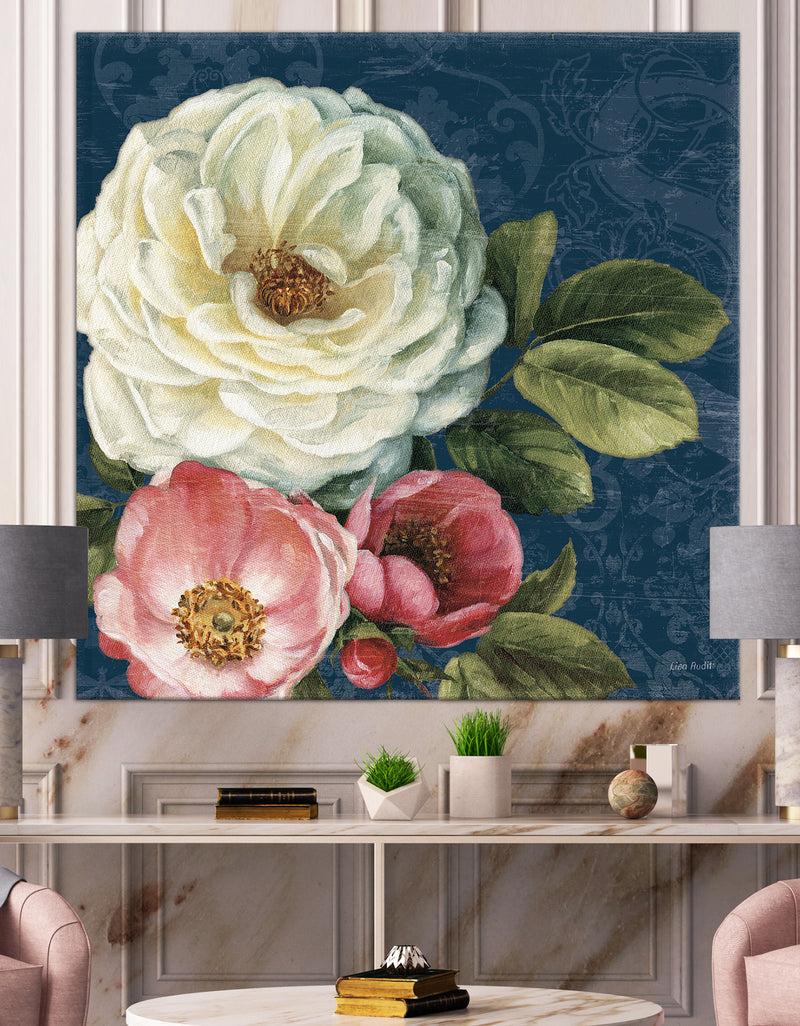 DesignQ White and Pink Damask Rose Flowers - Farmhouse Canvas Art