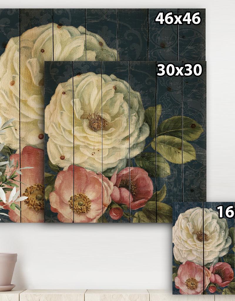 DesignQ White And Pink Damask Rose Flowers - Farmhouse Print On Natural Pine Wood