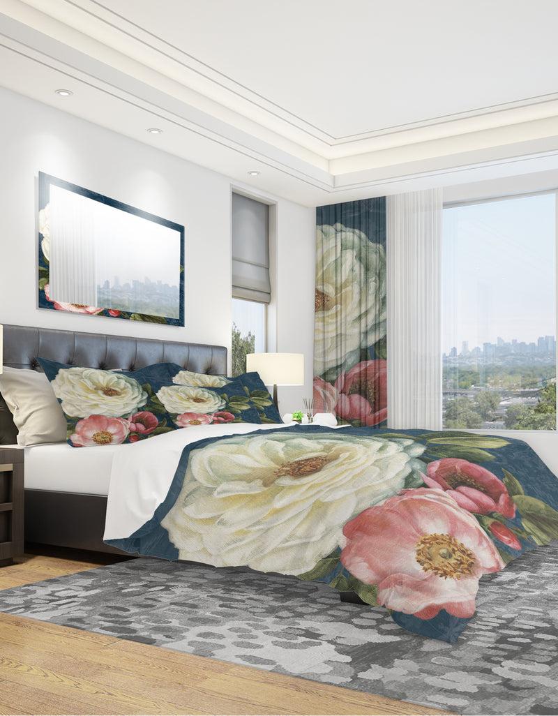 DesignQ White And Pink Damask Rose Flowers - Shabby Duvet Cover Set