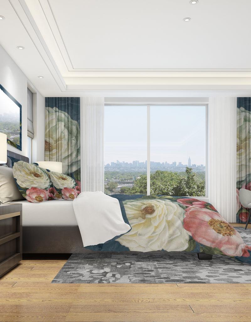 DesignQ White And Pink Damask Rose Flowers - Shabby Duvet Cover Set