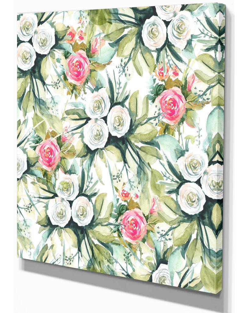 DesignQ White And Red Roses In Seamless Pattern - Floral Painting Print On Wrapped Canvas