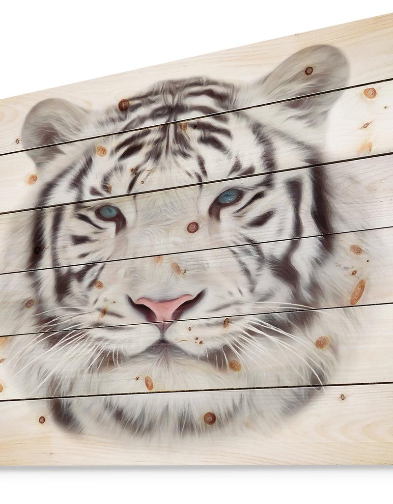 DesignQ White Bengal Tiger - Animal Art Print On Natural Pine Wood