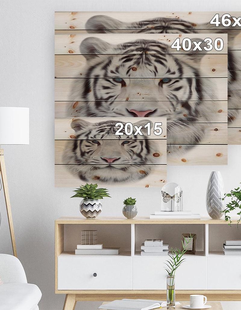 DesignQ White Bengal Tiger - Animal Art Print On Natural Pine Wood
