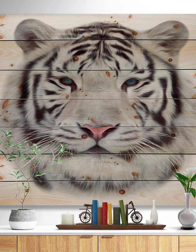 DesignQ White Bengal Tiger - Animal Art Print on Natural Pine Wood