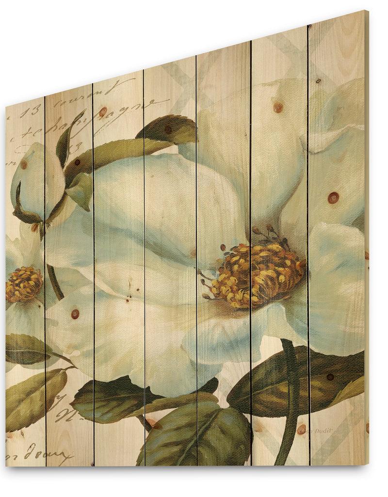 DesignQ White Blossoming Flower Close-up - Modern Farmhouse Print On Natural Pine Wood