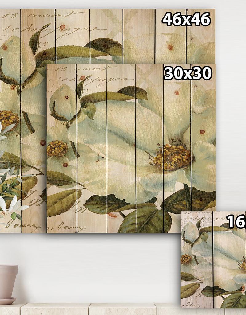 DesignQ White Blossoming Flower Close-up - Modern Farmhouse Print On Natural Pine Wood