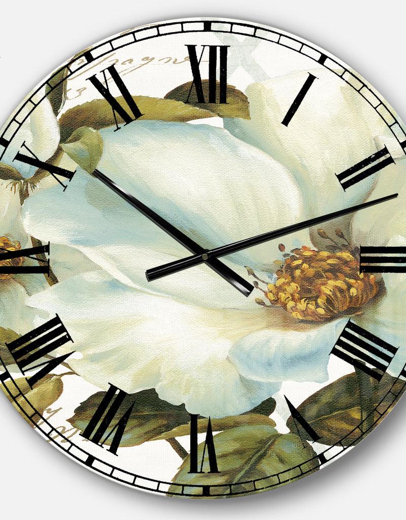 DesignQ White Blossoming Flower Close-up - Modern Farmhouse Wall CLock