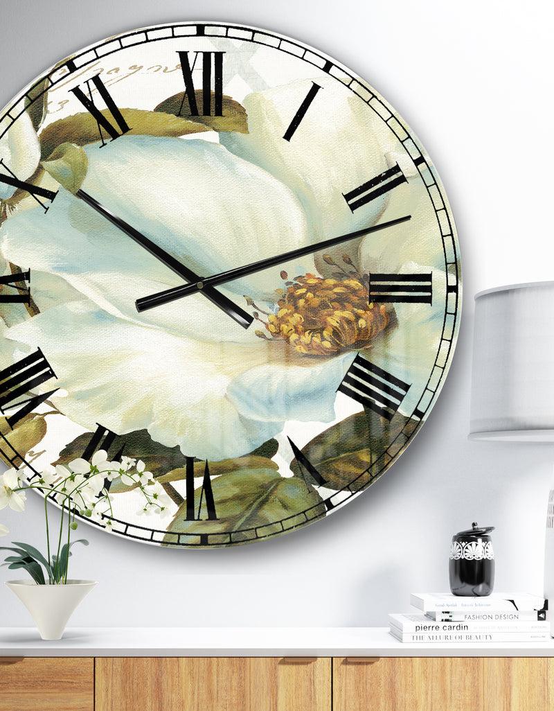 DesignQ White Blossoming Flower Close-up - Modern Farmhouse Wall CLock