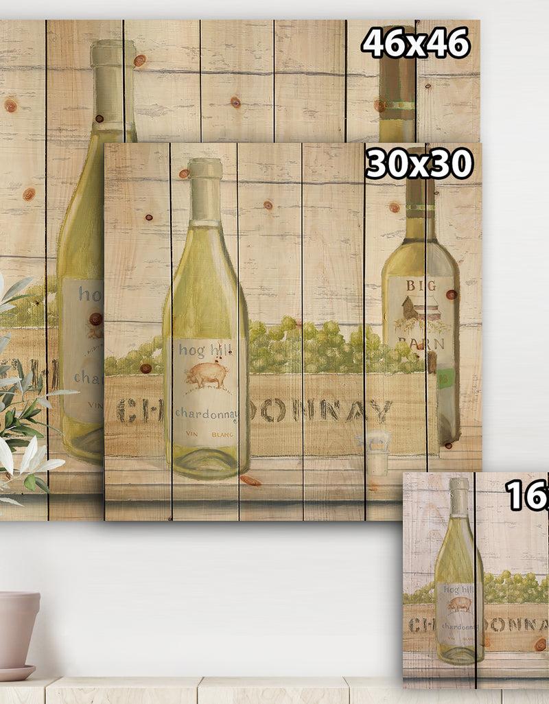DesignQ White Chardonnay Wine Bottles - Food And Beverage Print On Natural Pine Wood
