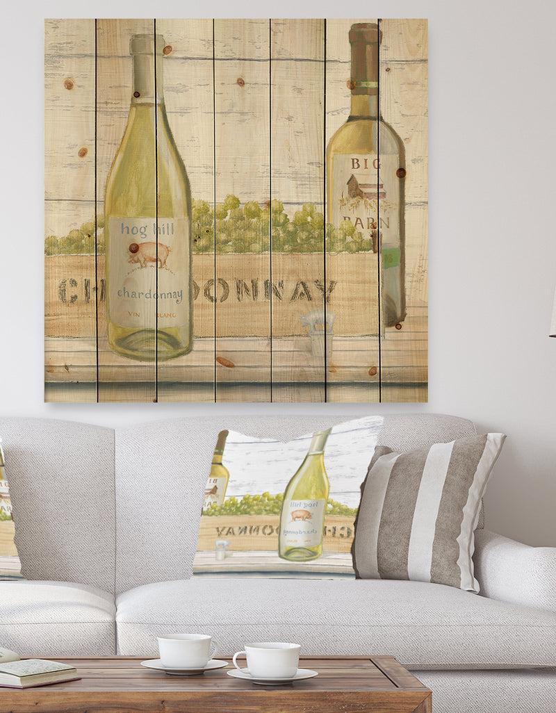 DesignQ White Chardonnay Wine Bottles - Food and Beverage Print on Natural Pine Wood