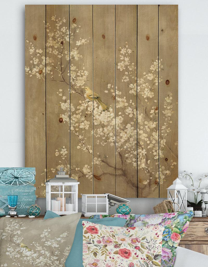 DesignQ White Cherry Blossom III - Farmhouse Print on Natural Pine Wood