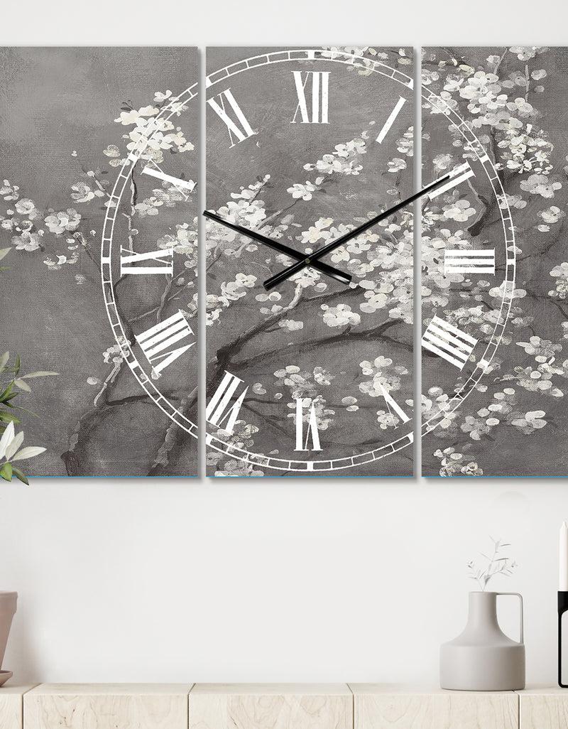 DesignQ White Cherry Blossoms I - Cottage 3 Panels Large Wall CLock