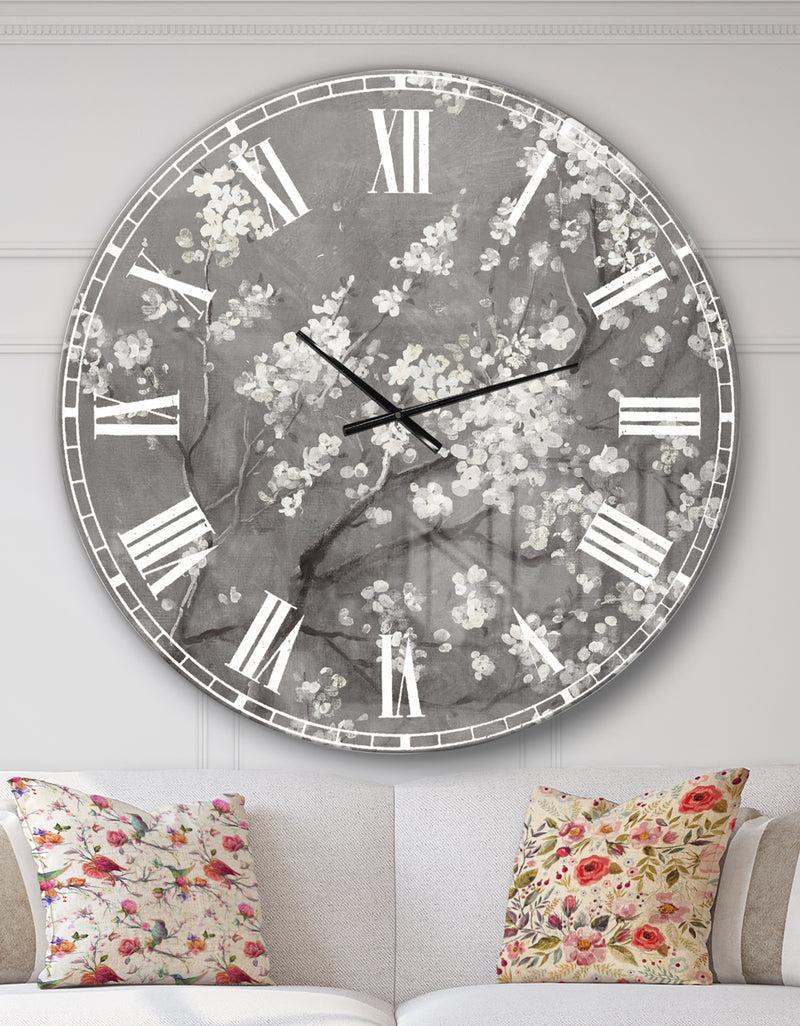 DesignQ White Cherry Blossoms I - Traditional Large Wall CLock
