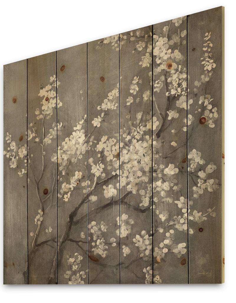DesignQ White Cherry Blossoms I - Traditional Print On Natural Pine Wood