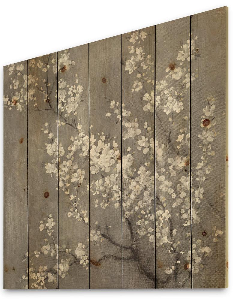 DesignQ White Cherry Blossoms II - Traditional Print On Natural Pine Wood