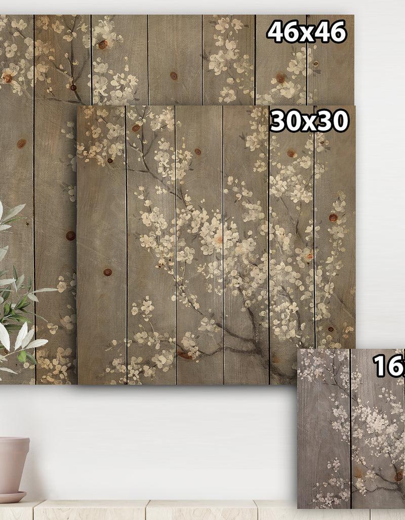 DesignQ White Cherry Blossoms II - Traditional Print On Natural Pine Wood