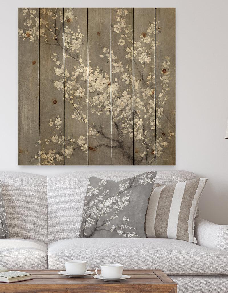 DesignQ White Cherry Blossoms II - Traditional Print on Natural Pine Wood