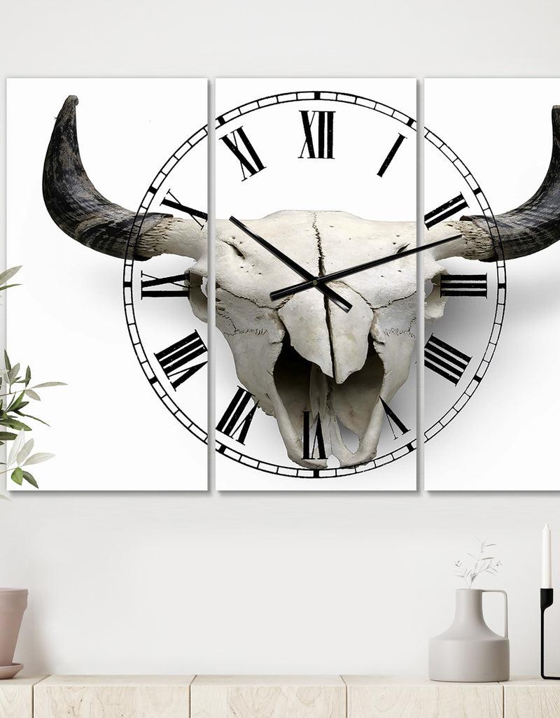 DesignQ White Cow Skull With Black Horns - Oversized Farmhouse Wall Clock - 3 Panels