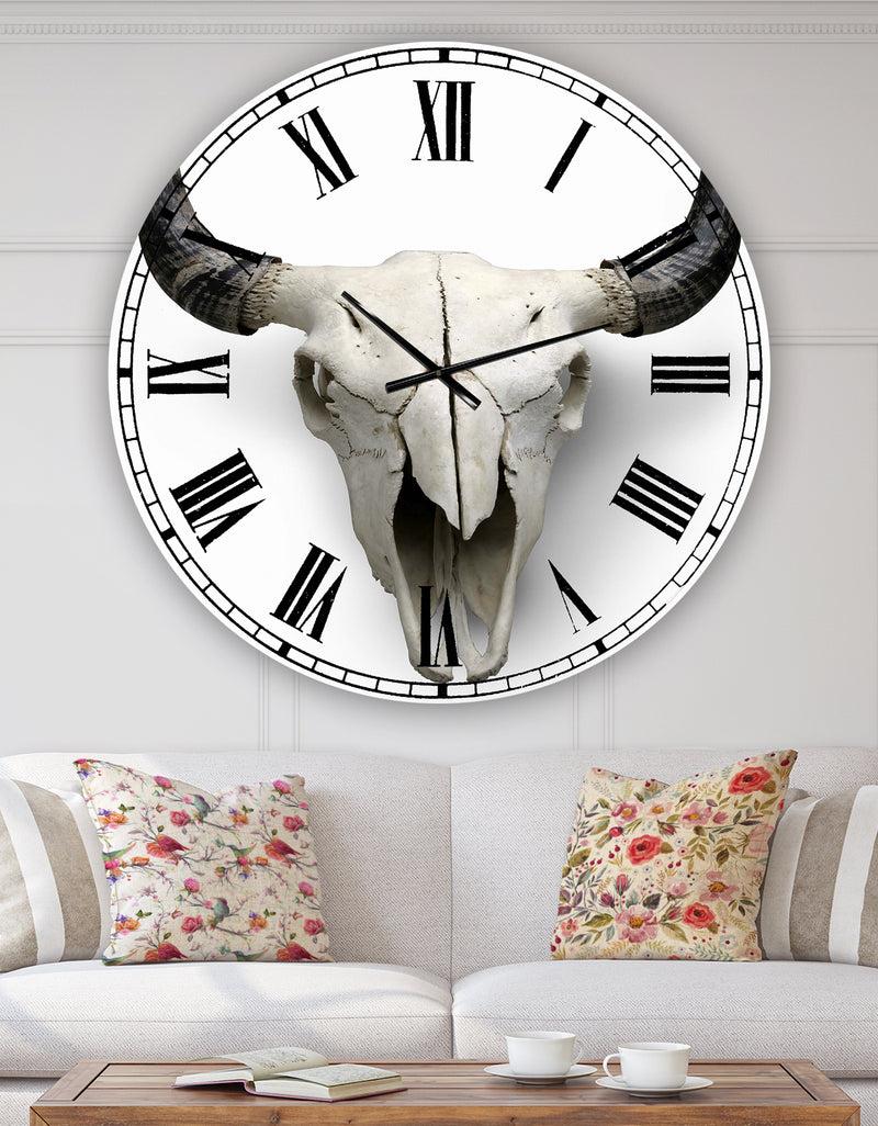 DesignQ White Cow Skull With Black Horns - Oversized Farmhouse Wall Clock