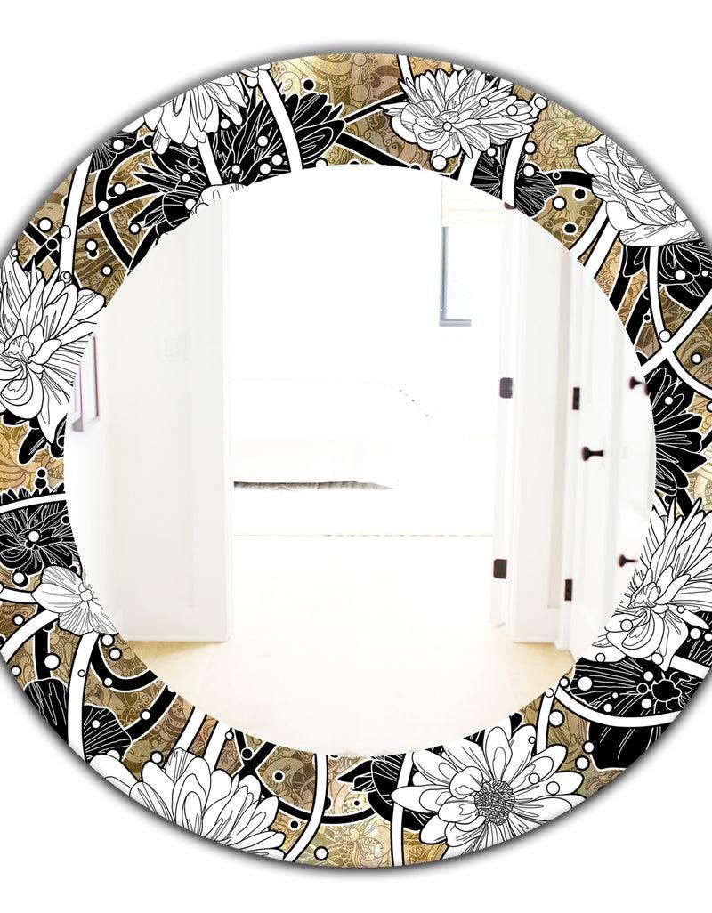 DesignQ White Drawn Flowers With Black Roses On Brown - Traditional Mirror - Oval Or Round Wall Mirror