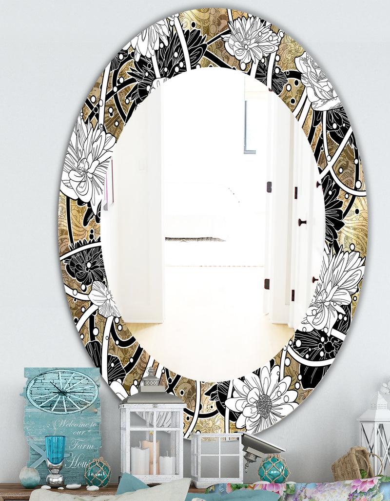 DesignQ White Drawn Flowers With Black Roses On Brown - Traditional Mirror - Oval Or Round Wall Mirror