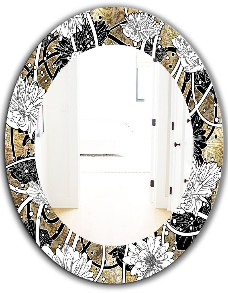 DesignQ White Drawn Flowers With Black Roses On Brown - Traditional Mirror - Oval Or Round Wall Mirror