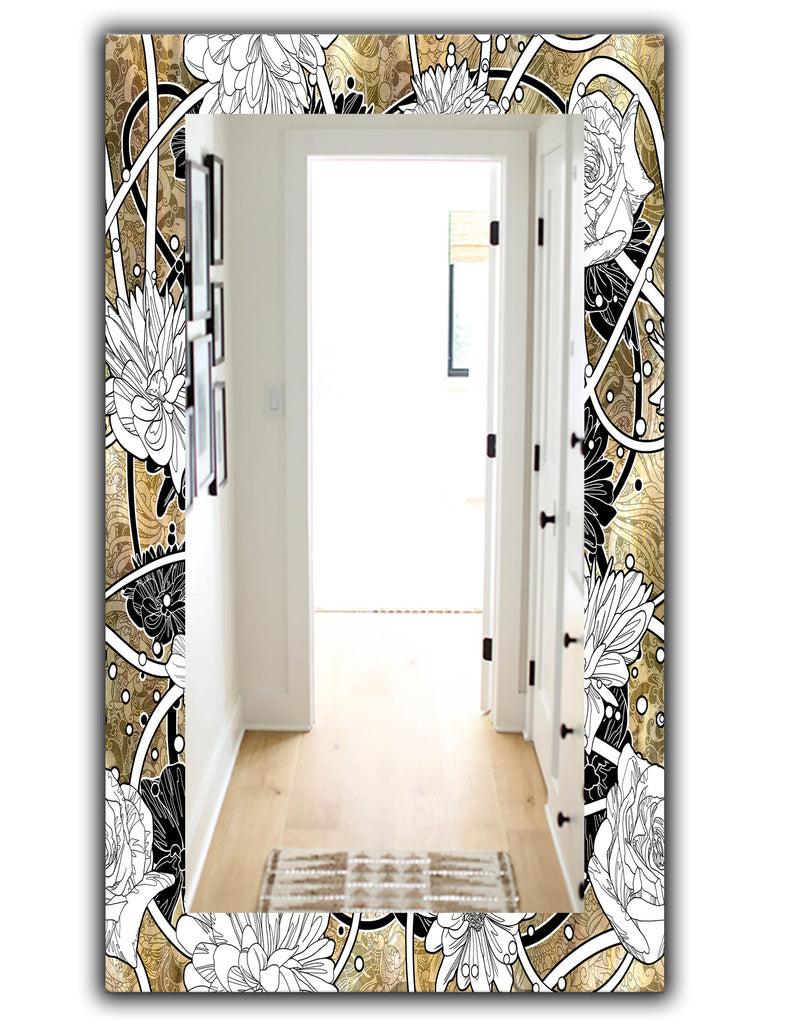 DesignQ White Drawn Flowers With Black Roses On Brown - Traditional Mirror - Vanity Mirror
