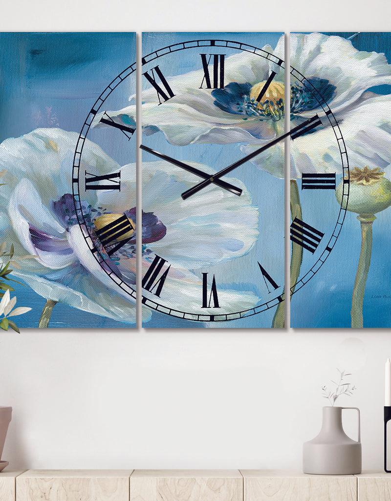 DesignQ White Flower on Blue I - Cottage 3 Panels Oversized Wall CLock