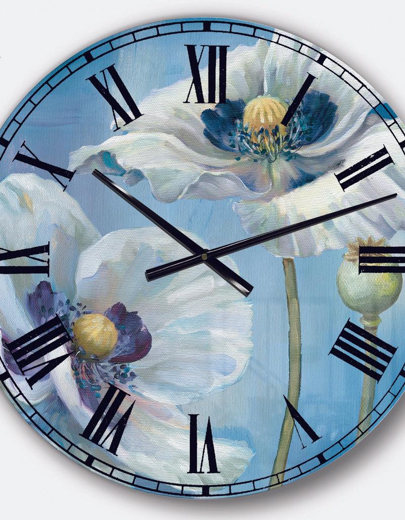 DesignQ White Flower On Blue I - Farmhouse Large Wall CLock