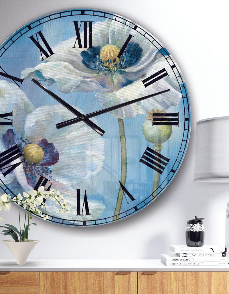 DesignQ White Flower on Blue I - Farmhouse Large Wall CLock