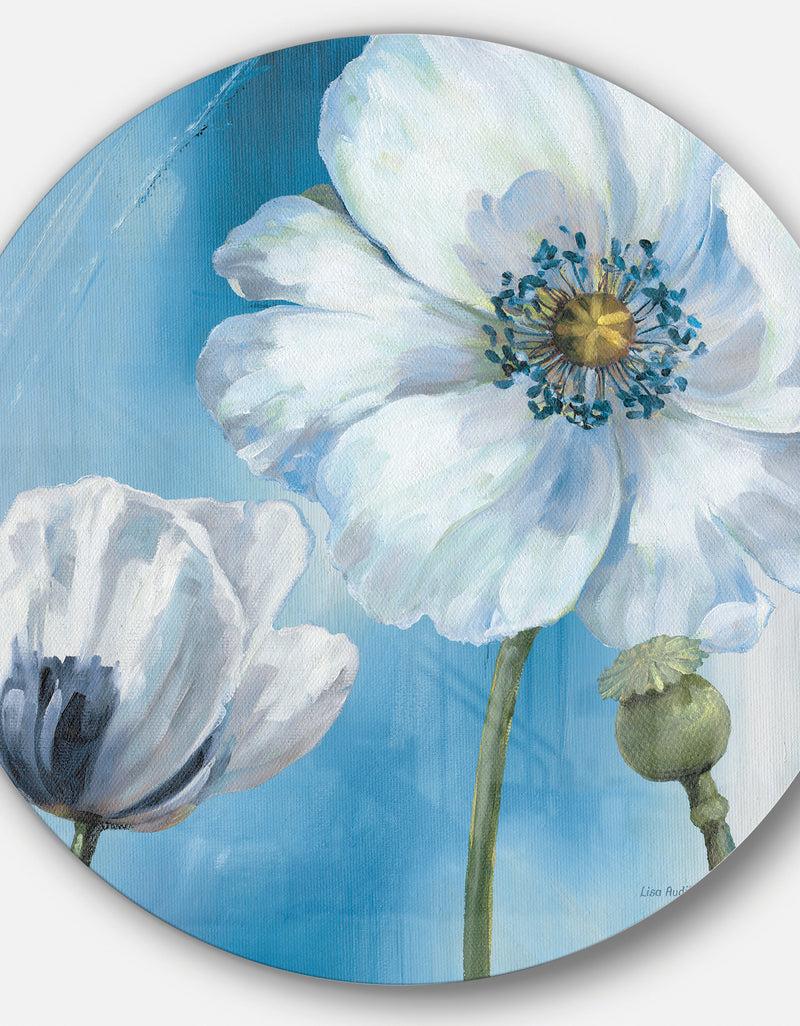 DesignQ White Flower On Blue I - Farmhouse Metal Circle Wall Art
