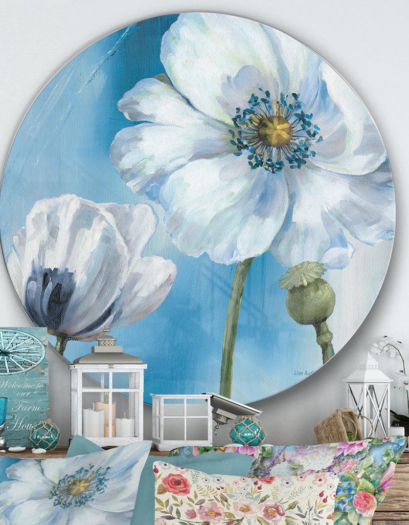 DesignQ White Flower on Blue I - Farmhouse Metal Circle Wall Art