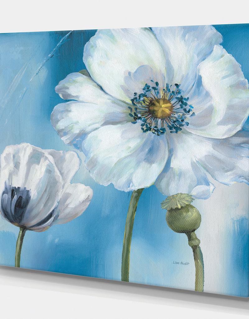 DesignQ White Flower On Blue I - Farmhouse Premium Canvas Wall Art