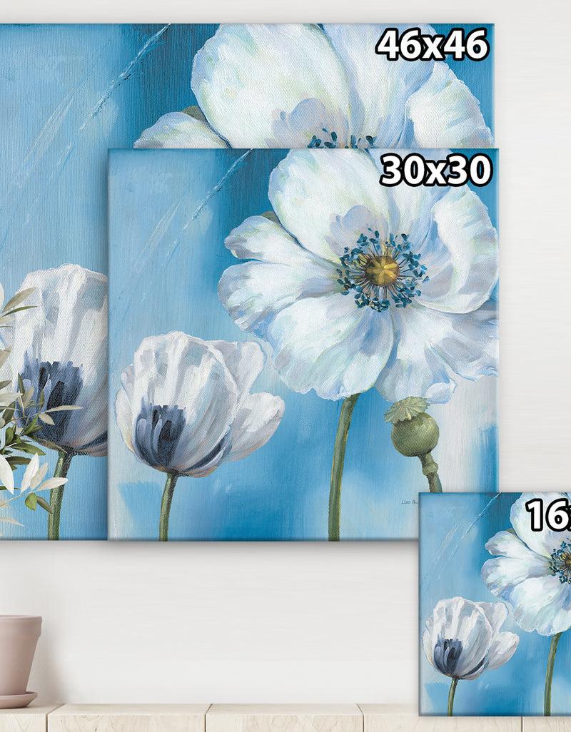 DesignQ White Flower On Blue I - Farmhouse Premium Canvas Wall Art