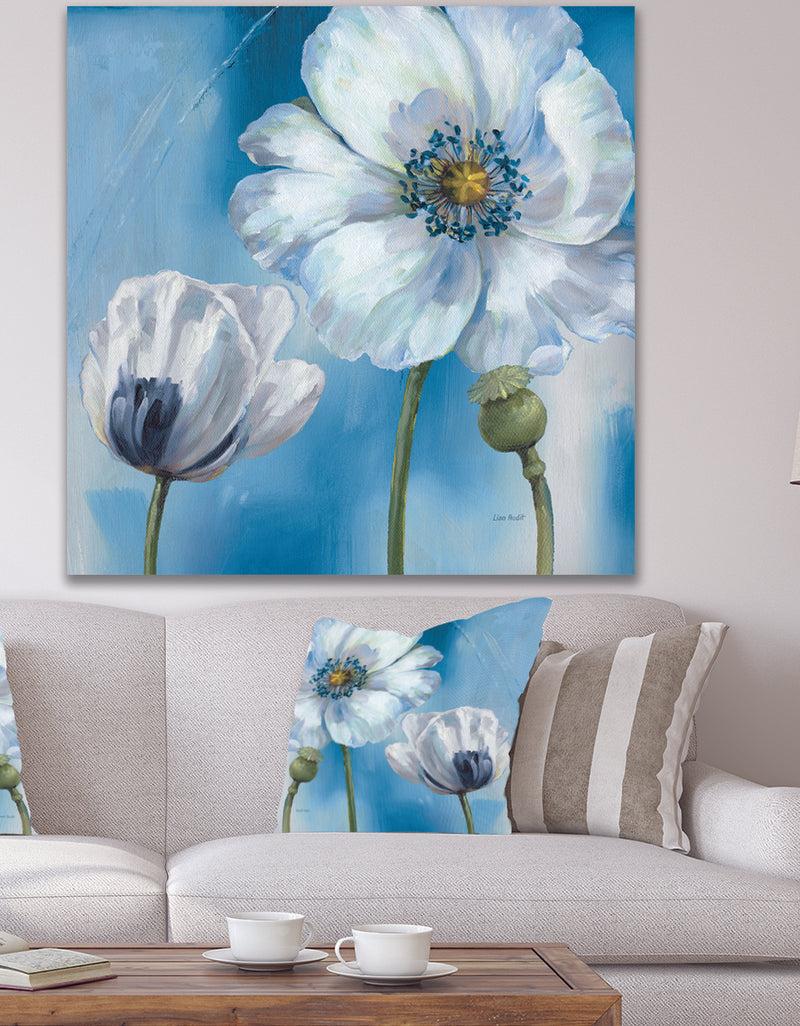DesignQ White Flower on Blue I - Farmhouse Premium Canvas Wall Art