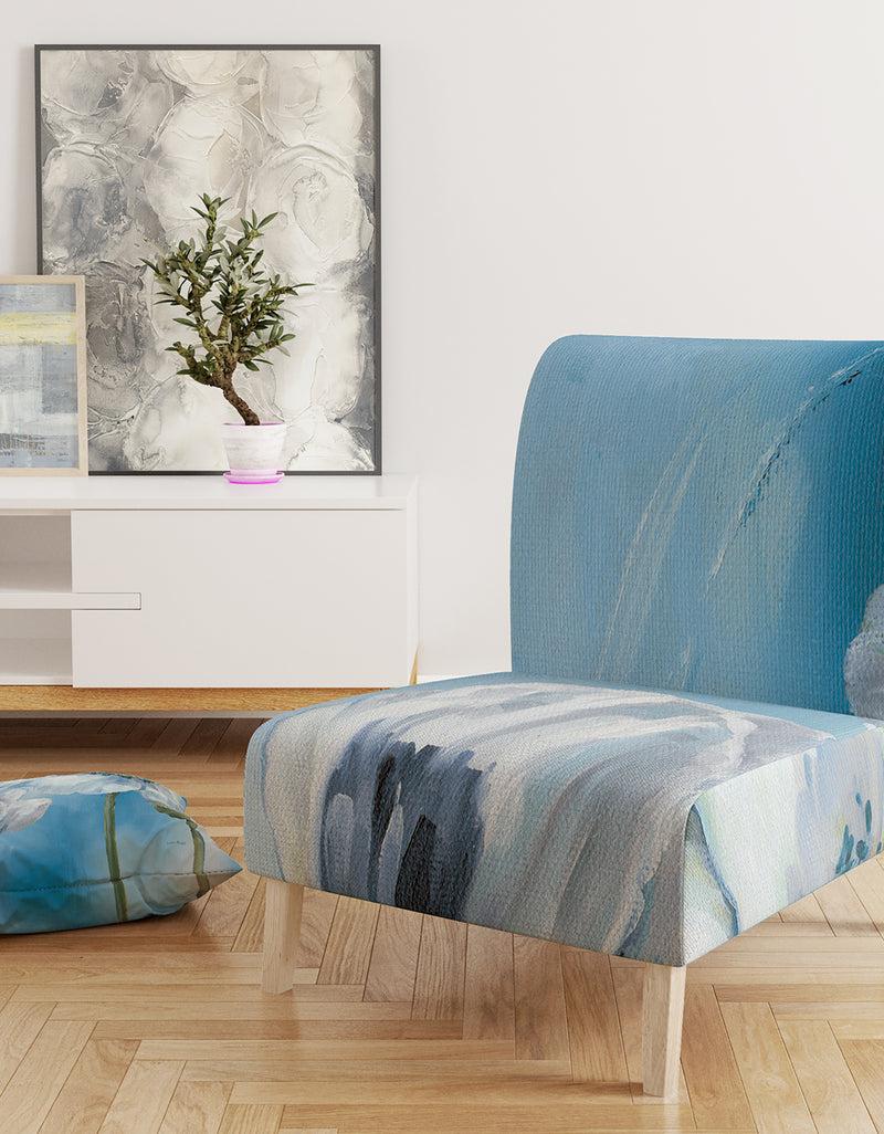 DesignQ White Flower On Blue I - Upholstered Farmhouse Accent Chair