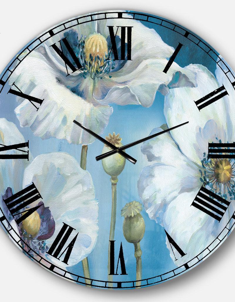 DesignQ White Flower On Blue II - Farmhouse Large Wall CLock