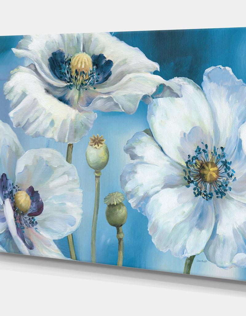 DesignQ White Flower On Blue II - Farmhouse Premium Canvas Wall Art