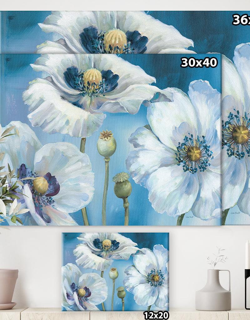 DesignQ White Flower On Blue II - Farmhouse Premium Canvas Wall Art
