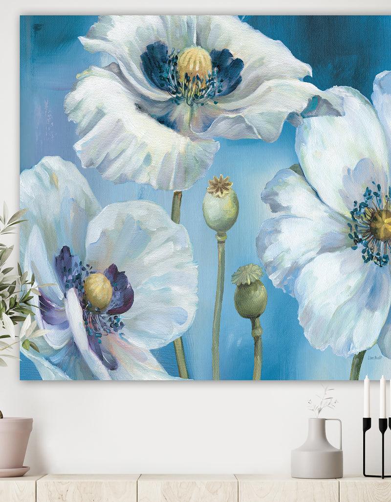 DesignQ White Flower on Blue II - Farmhouse Premium Canvas Wall Art