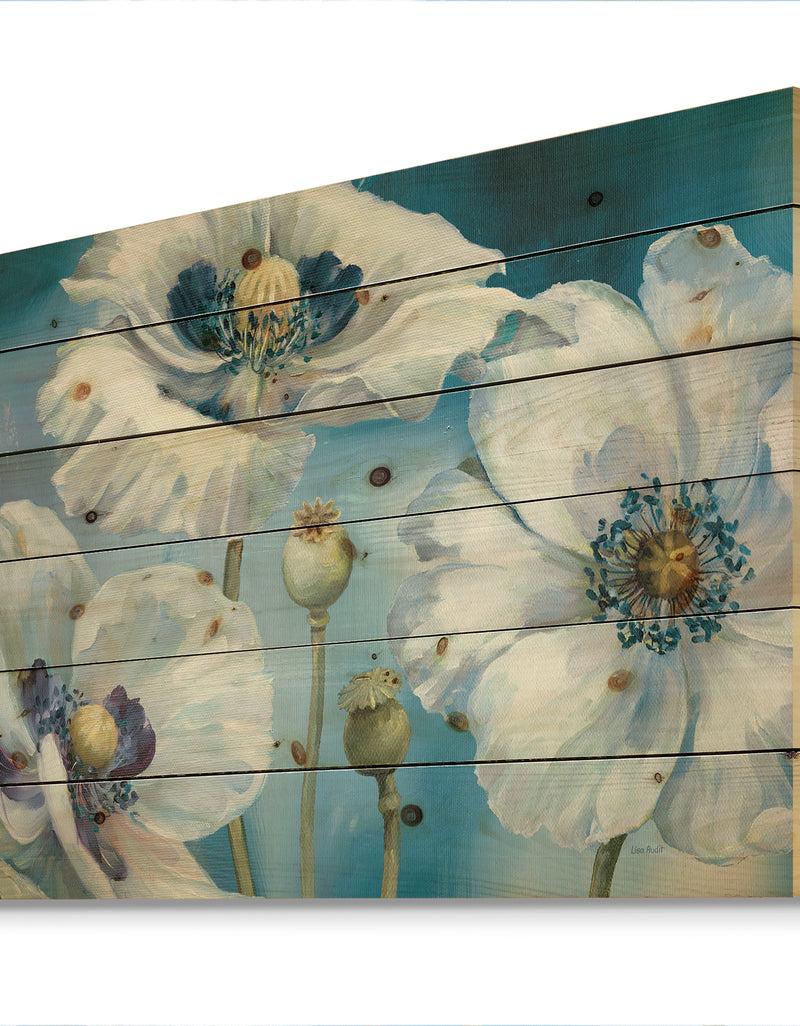 DesignQ White Flower On Blue II - Farmhouse Print On Natural Pine Wood