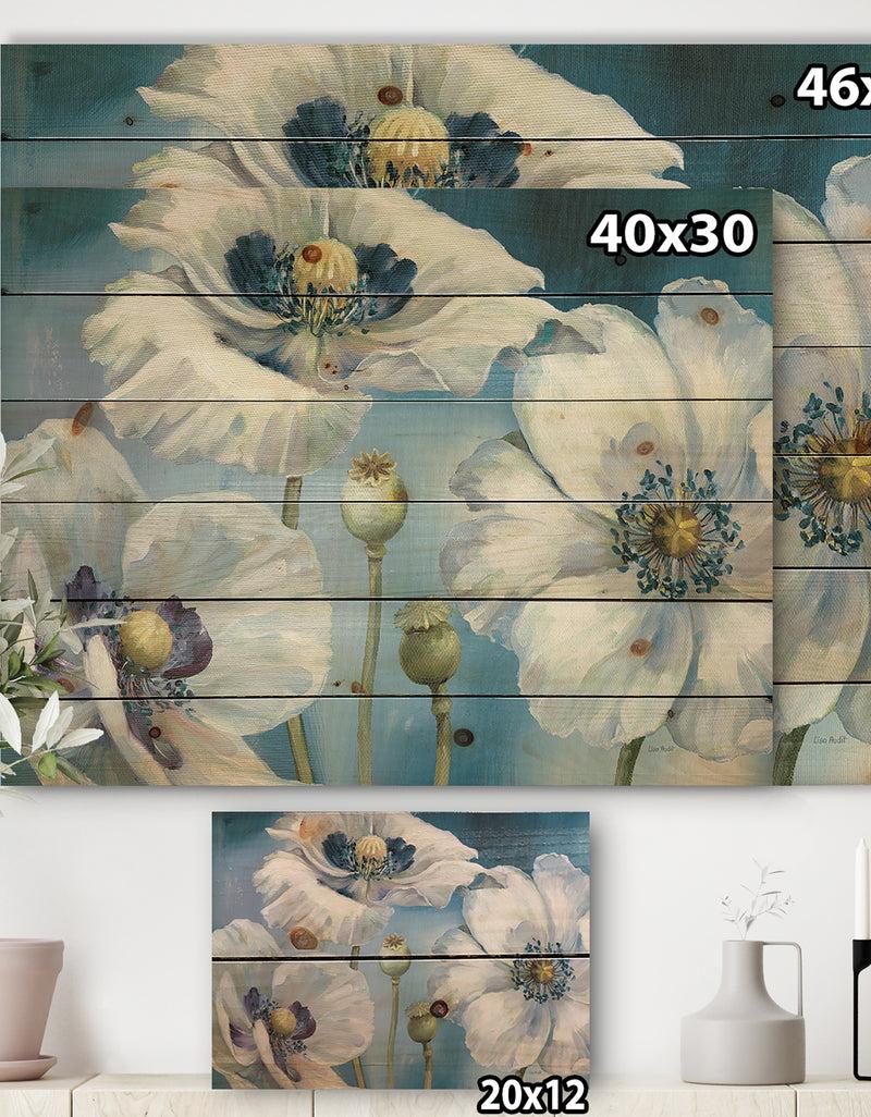 DesignQ White Flower On Blue II - Farmhouse Print On Natural Pine Wood