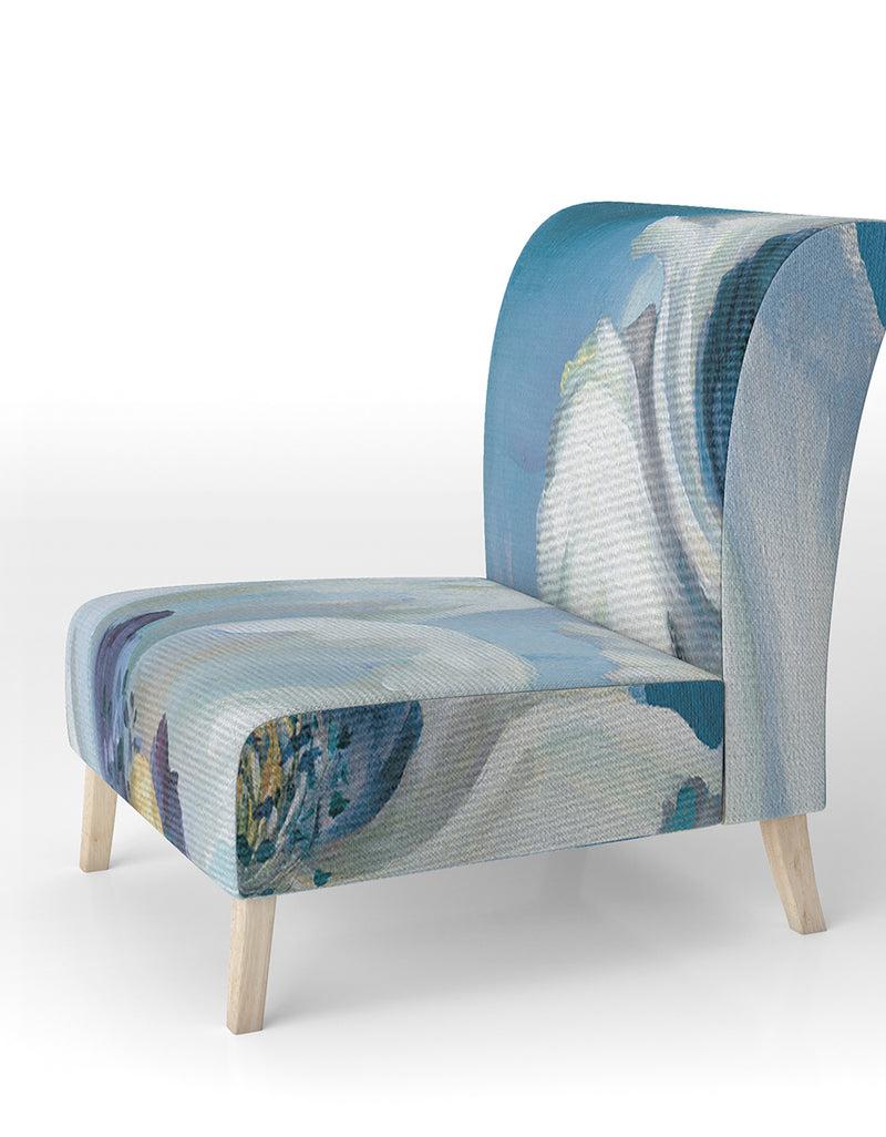 DesignQ White Flower On Blue II - Upholstered Farmhouse Accent Chair