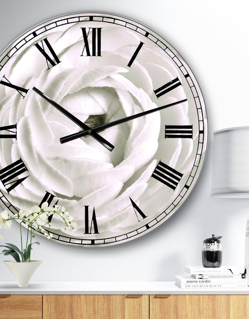 DesignQ White Rannunculus Close up - Large Cottage Wall Clock