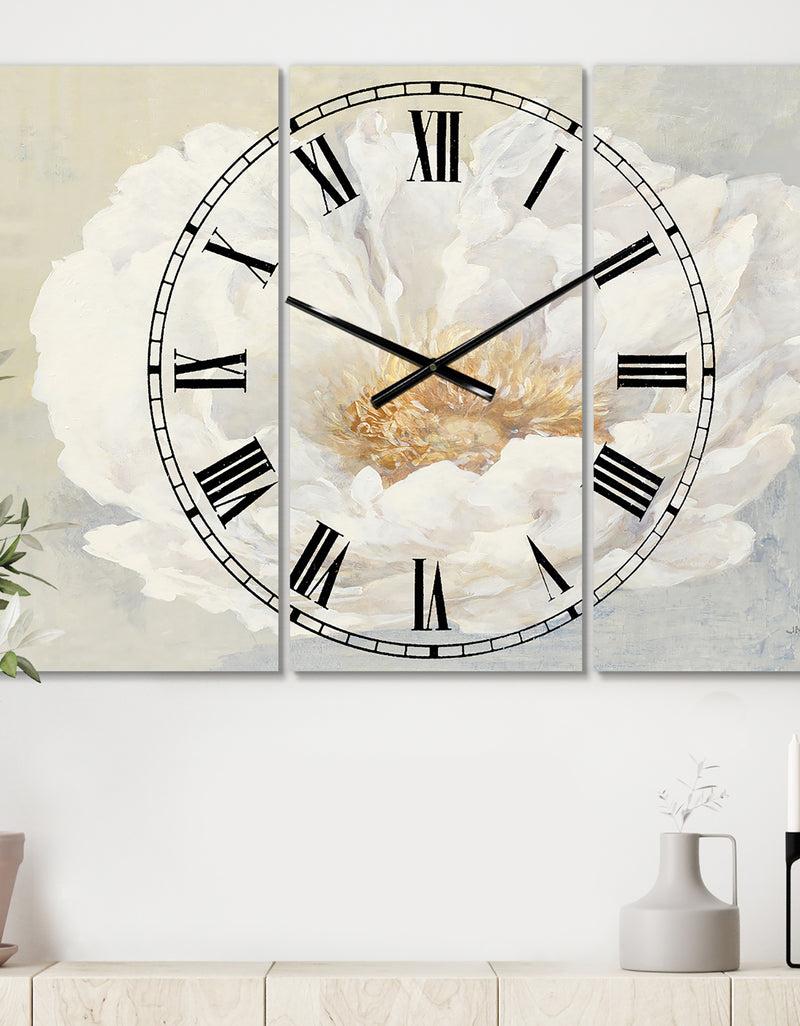 DesignQ White Serene Peony - Cottage 3 Panels Oversized Wall CLock